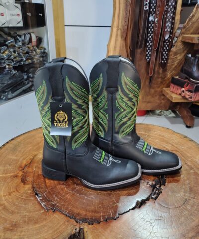 Bota Texana Masculina Preta Bordado Verde