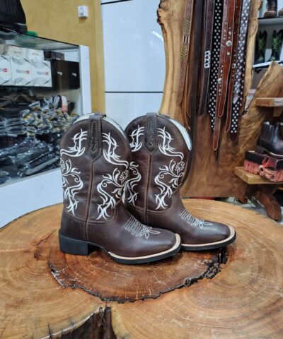 Bota Texana Masculina Marrom Café Bordado Floral Branco