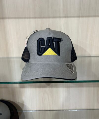 Boné Caterpillar Trucker Cinza Mescla Logo CAT Preto e Amarelo
